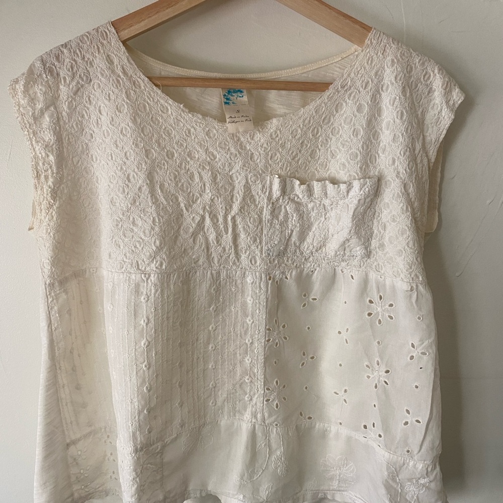 Women's Anthropologie White Lace Patchwork Short-Sleeve Top